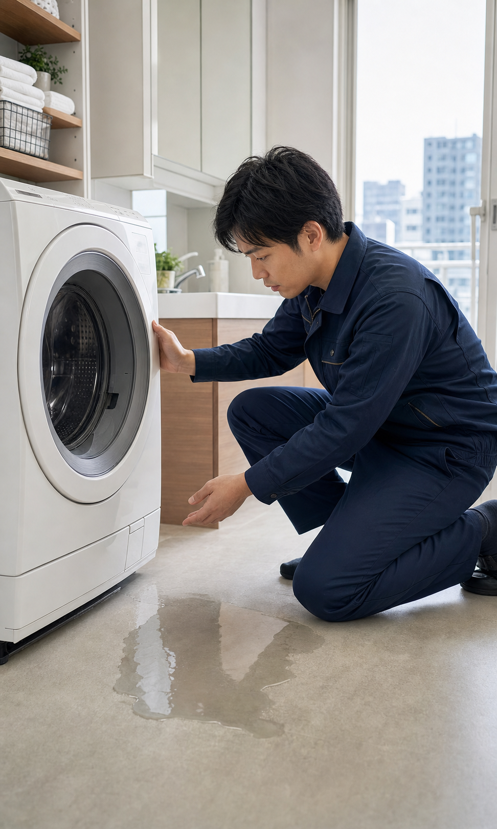 ドラム式洗濯機の水漏れを点検する作業員