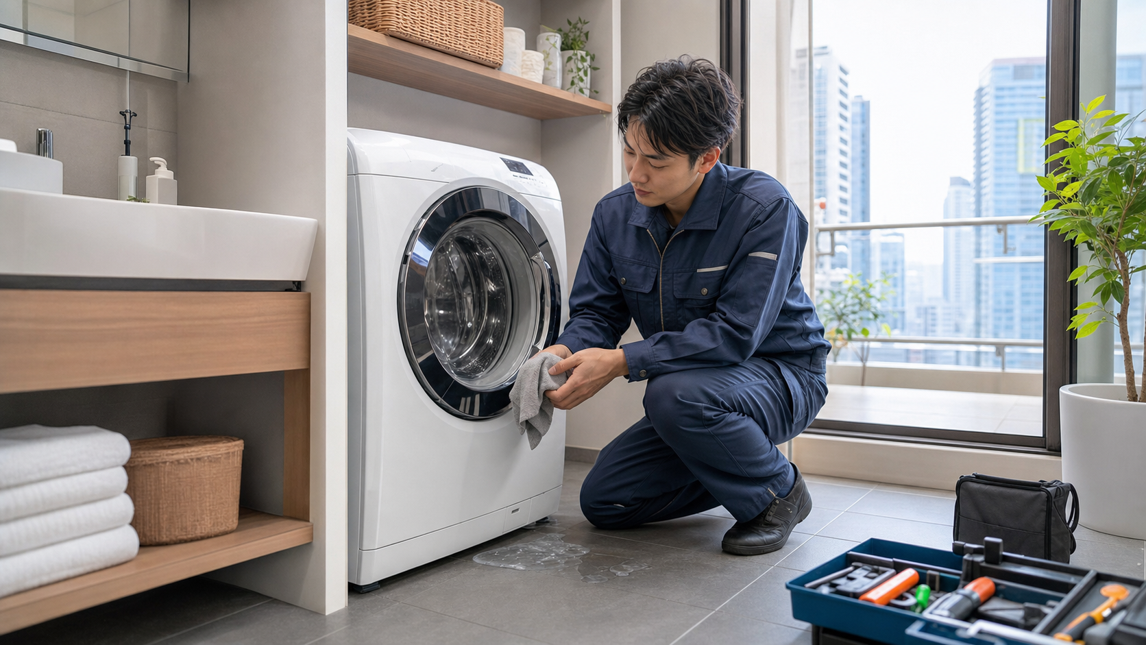 ドラム式洗濯機の水漏れを点検する作業員